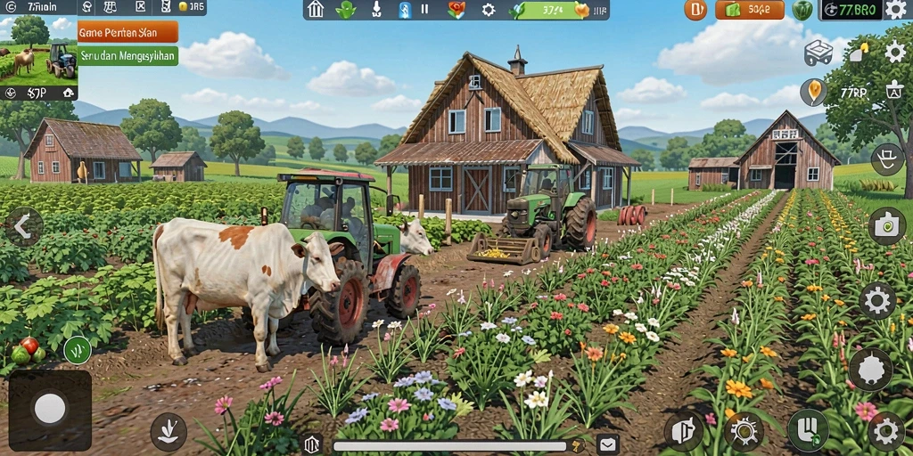 Screenshot gameplay 77RP menampilkan petani yang sedang merawat tanaman.