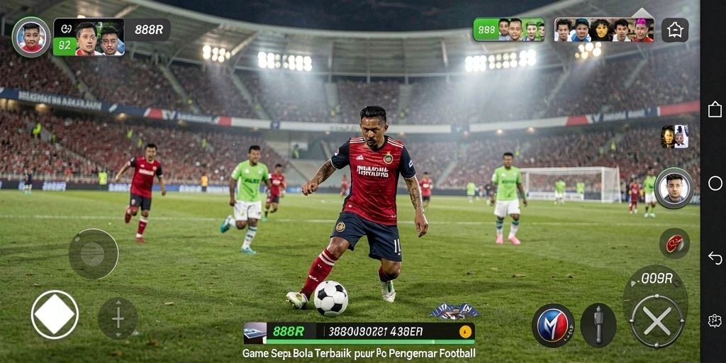 Screenshot permainan yang menunjukkan aksi seru dalam sepak bola.