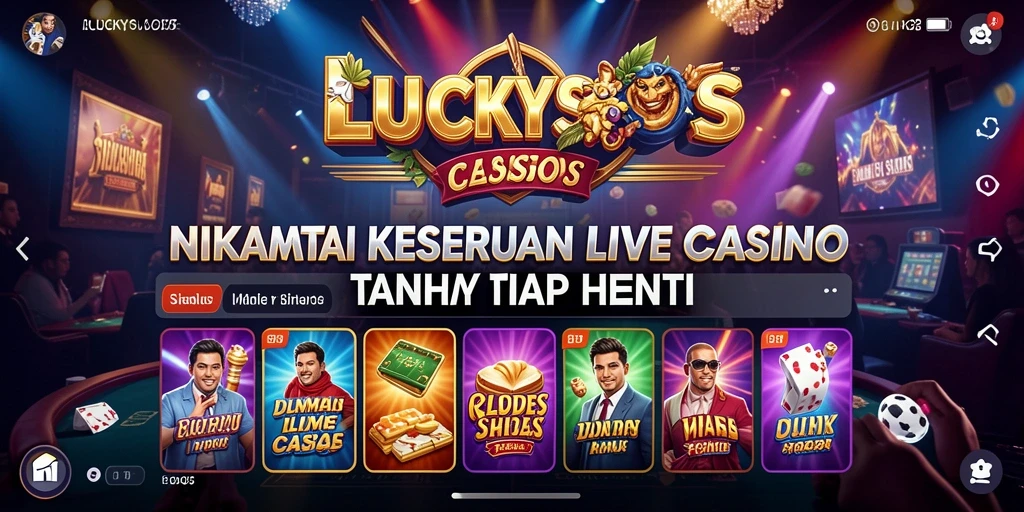 Screenshot gameplay <strong>LUCKYSLOTS</strong> menampilkan dealer langsung dan suasana permainan yang mengasyikkan.