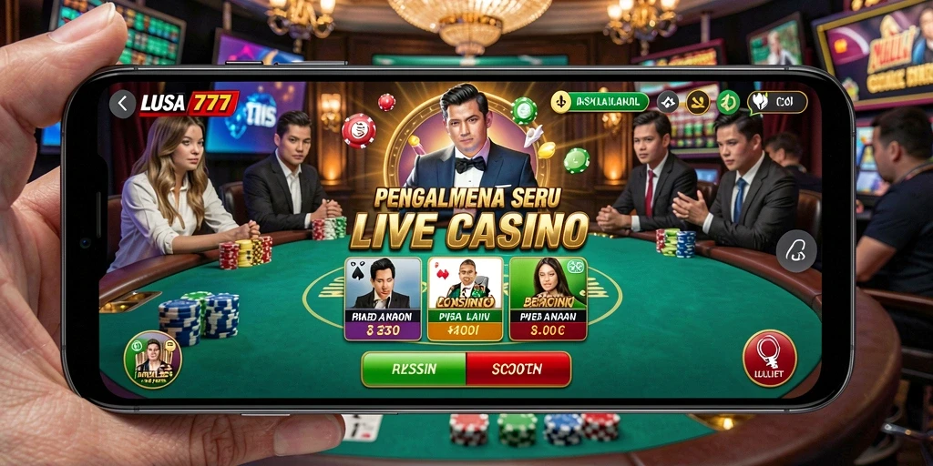 Tampilan gameplay LUSA777 yang menampilkan dealer langsung dan suasana kasino.