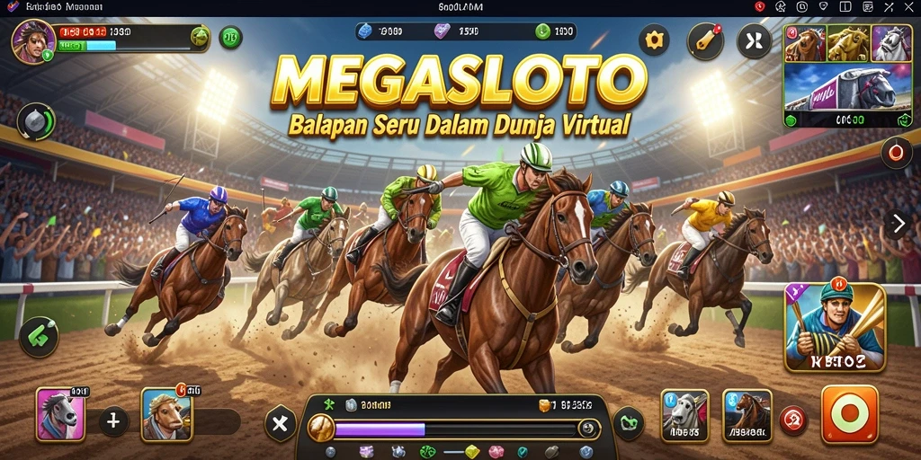 Tampilan seru gameplay MEGASLOTO saat balapan di trek yang menantang.