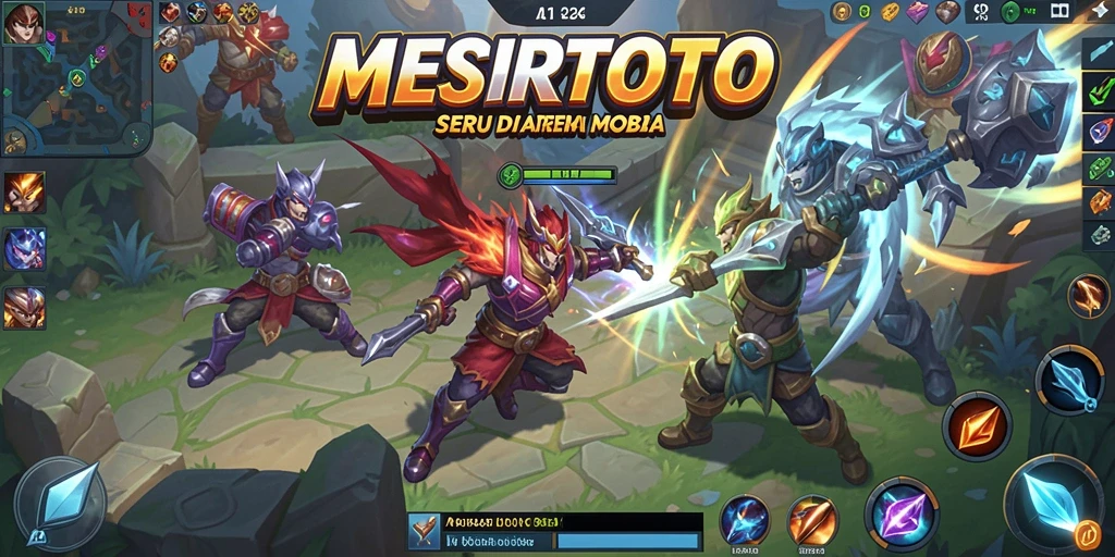 Screenshot gameplay MOBA MESIRTOTO yang menunjukkan aksi pertarungan di arena.