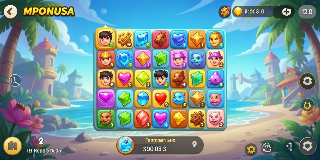 Tampilan gameplay MPONUSA dengan berbagai elemen Match-3 yang berwarna-warni.