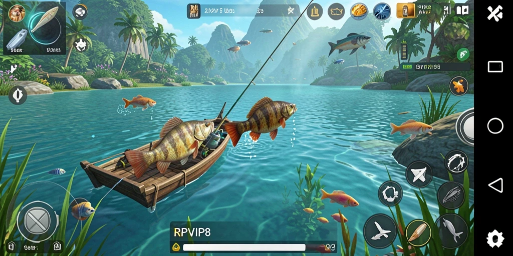 Screenshot utama RPVIP8 menampilkan aksi memancing yang mendebarkan di lautan yang luas.