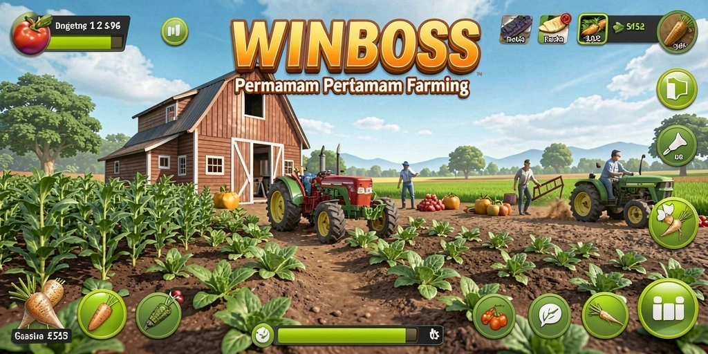 Screenshot utama WINBOSS menunjukkan pemain menikmati aktivitas berkebun.