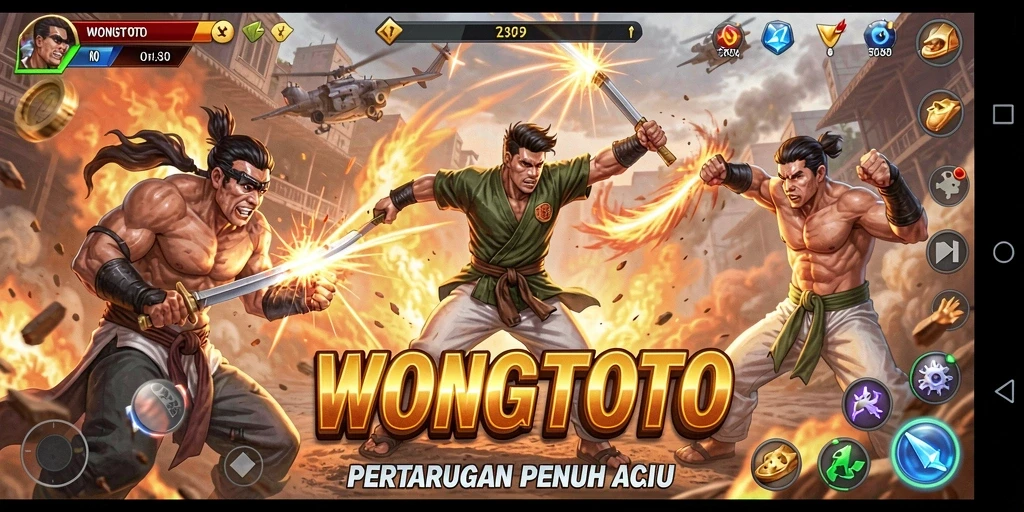 Tampilan gameplay seru dalam WONGTOTO saat karakter bertarung.