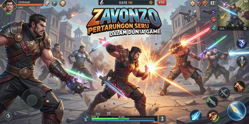 Tampilan gameplay <strong>ZAVONZO</strong> yang menampilkan pertarungan seru dan karakter unik.